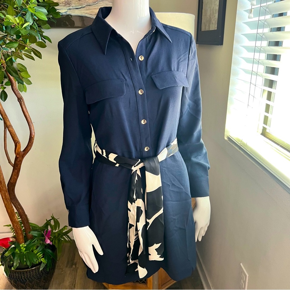Zara Navy Blue Mini Dress with Black and White Belt